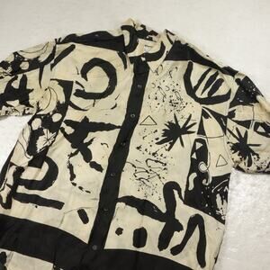 Vintage Goouch Shirt Mens Large Beige Black Abstract Patchwork Disco Rave 90s